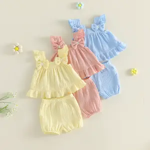 Toddler Girl Summer Outfits Solid Color Double Bowknot Fly Sleeve Square Neck Tops Shorts Headband 3Pcs Clothes Set