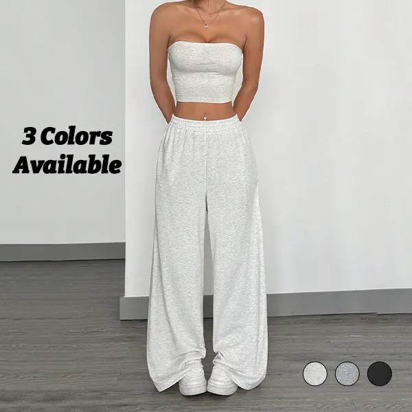 Women's Soft Heather Knit Wide Leg Sweatpants - Elastic Drawstring High Waist, Flowy Floor-Length Drape Silhouette, Lightweight Breathable Basic Solid Bottoms, Comfy Loose Fit Casual Loungewear (3 Neutral Shades: White, Heather Grey, Black)