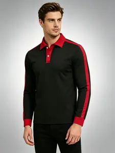 Men's Elegant Ribbed Collar Long-Sleeved Polyester Shirt - Navy Blue with Red Accents, Button-Front, Smooth Fabric, Suitable for Casual Wear, Casual Sports