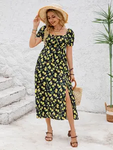 Women's Summer Short Sleeve Square Neck Dress, Shoulder Strap Design, Back Tie Detail, Elegant Cute Style, Half Split Hem