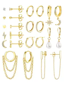 12 Pairs Golden Elegant Earring Set for Women Men High-quality Durable Stainless Steel Sleek Small Hoop Earrings Classic Stud Styles Smooth Brilliant Refined Luster Exquisite Workmanship for Cartilage Earlobe Multiple Piercing Layouts