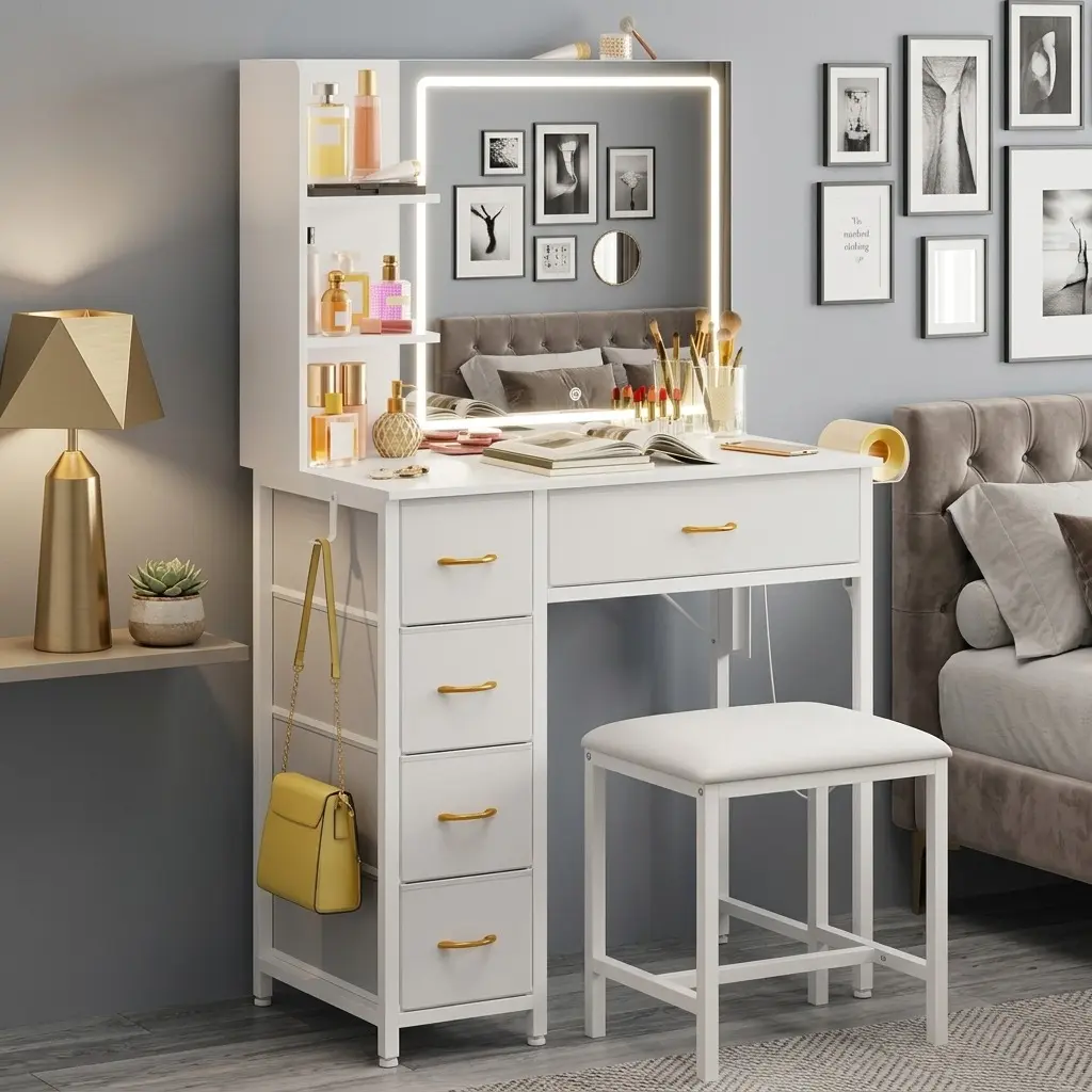 White LED Lighted Vanity Set with Stool, 80cm Large Mirror, 3 Color Adjustable Lights, 5 Fabric Drawers & Storage Shelf, USB Powered Multifunctional Dressing Table for Women Bedroom