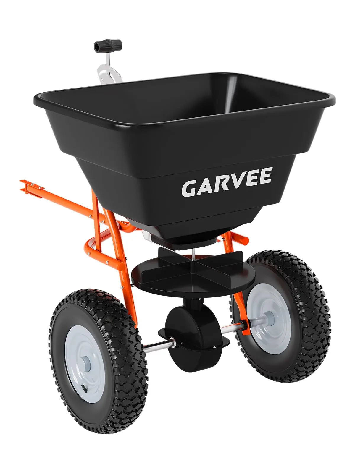 Garvee Tow-Behind Broadcast Spreader with 85 Lbs Capacity, Adjustable Flow Control, Universal Hitch, Hopper Cover, and 10" Tires for Efficient Spreading of Seed, Fertilizer, Salt, and Ice Melt on Lawn, Garden, ATV, and Tractor
