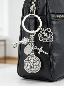 1 Religious Novelty Keychain | Saint Benedict and Holy Mother Cross Keychain, with various accessories, prayer amulet, for bag and phone decoration, Saint Benedict pendant, hollow heart-shaped accessory, keychain