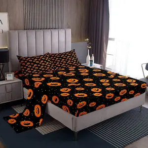 3D Pumpkin Lantern Print Full Bed Sheets,Happy Halloween Sheet Set,Galaxy Pumpkin Decor Bed Set,Novelty Cute Sheets Room 4Pcs Full Size Bed Sheets
