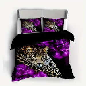 3-Piece Fashion Down Duvet Cover Set, Purple Rose Leopard Print Bedding Set, with Zipper Closure, Soft and Comfortable Down Duvet Cover, Suitable for Bedroom, Guest Room, Dormitory Decoration
