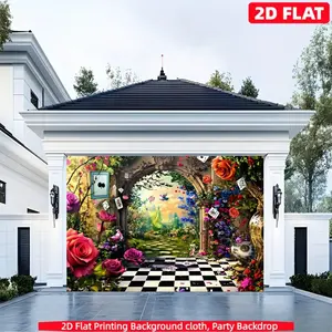 Alice in Wonderland Party Background Cloth, Chessboard Floor with Roses Poker Cards Vine Arch, Fairy Tale Theme Decor for Birthday Wedding Photography