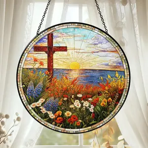 Christian Cross Stained Glass Suncatcher, Religious Home Decor, Christian Window Hanging with Floral Design, Memorial Cross Suncatcher