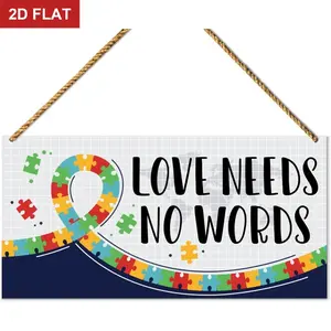 Autism Awareness Wood Sign Decor, Autism Awareness Sign Wall Decor for Home Classroom Door House Yard Decoration, Love Needs No Words 11.8x5.9 In Signage