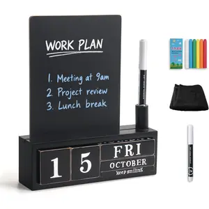 Wooden Block Desk Calendar with Chalk Board - Daily Desktop Perpetual Calendar Words Sign Quotes for  Office Classroom Decor, Teachers Students - Black