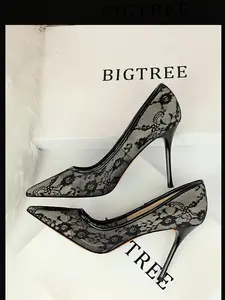 Women's Mesh Hollow Design with Contrast Lace Pointed Toe Stiletto Heel, Sexy Elegant Stylish High Heels, Textile Upper, Rubber Sole, All Seasons