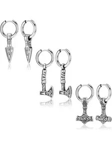 3 Pairs Hoop Men's Earrings Viking Earrings For Men, Dangly Norse Thors Hammer/Axe/Sword,Stainless Steel Huggies Small Women Earrings Gothic Celtic Jewellery Black/Silver High Quality Earrings