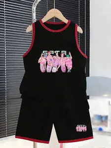 Summer Boys' Sports Set, Anime Boy Group Role & SATA Slogan Print, Casual Two-Piece, Sleeveless Vest & Short Pants, Comfortable Breathable