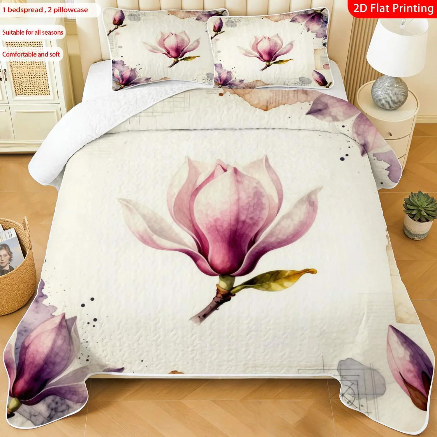3pcs, 2D flat print Vintage Watercolor Magnolia bed cover set, multiple sizes available, bedding set, festive decorative bedding, ideal for bedroom décor(1 bedspread , 2 pillowcase)