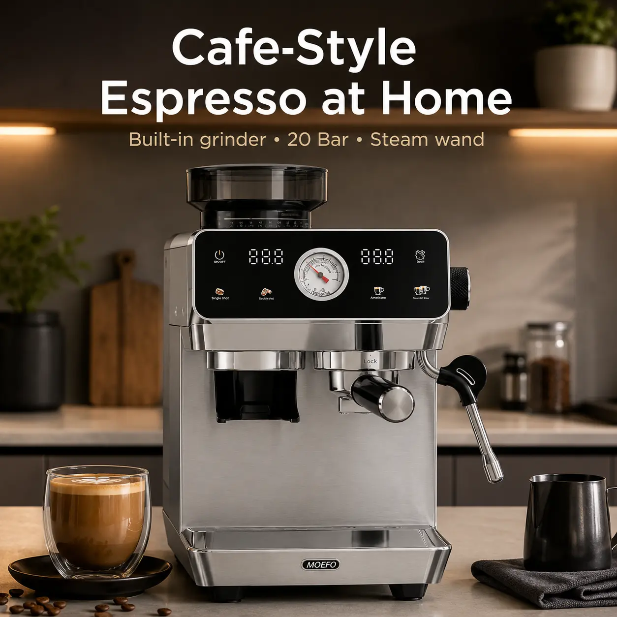 【Summerfinds】 New Semi-Automatic 20-Bar Stainless Steel Espresso Machine with Built-In Grinder, Pressure Gauge, Milk System Steam Wand, 1.8L Removable Water Tank for Fewer Refills, Home Barista Use