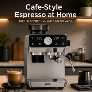 [SummerWins] 20-Bar Stainless Steel All-in-1 Espresso Machine with Grinder, Pressure Gauge & Steam Wand for Espresso, Latte, Cappuccino