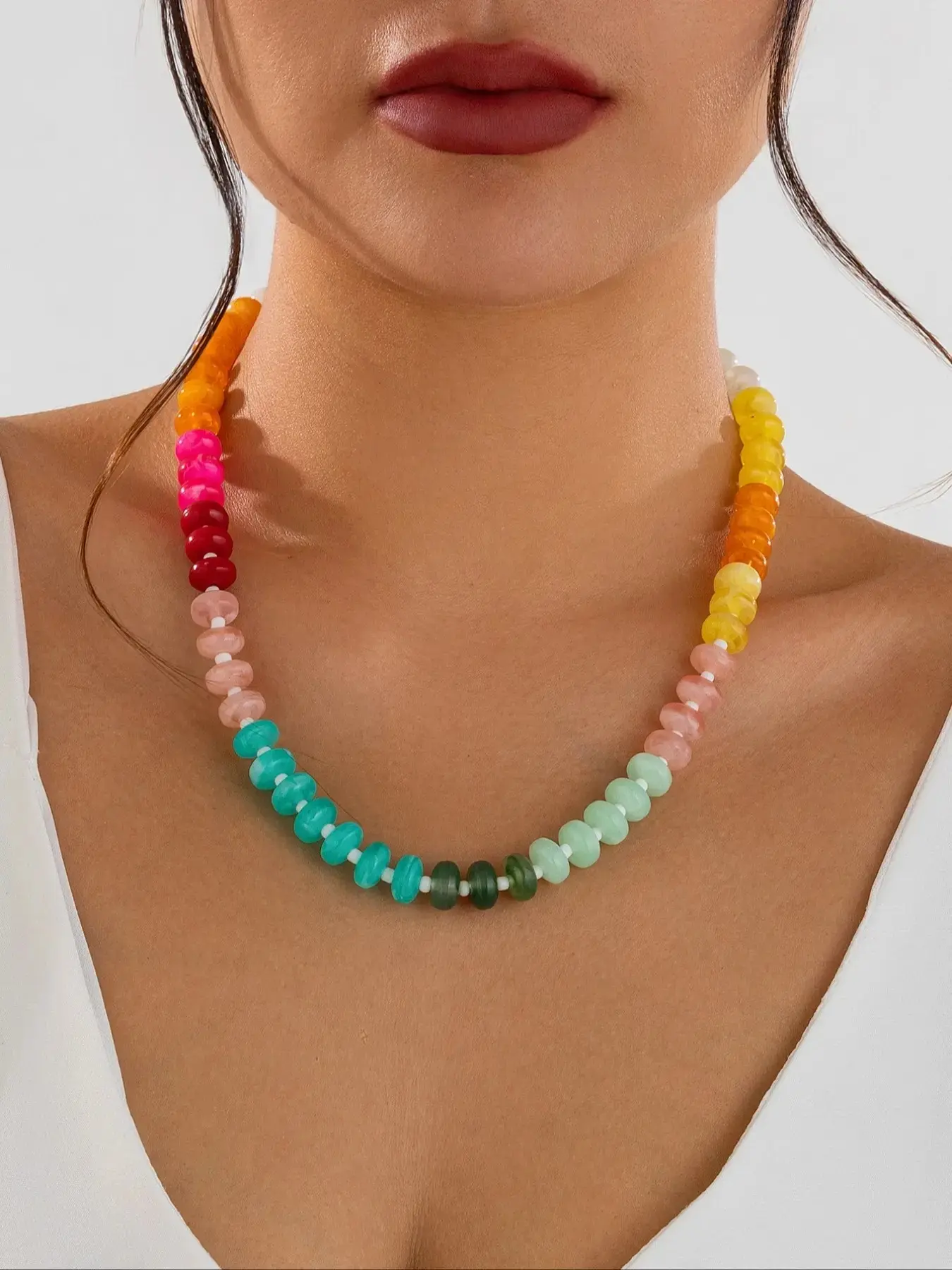 Colorful Acrylic Beaded Necklace for Women, Rainbow Candy Resin Beads Choker, Boho Summer Beach Jewelry, Y2K Aesthetic Chunky Necklace, Cute Vacation Festival Accessory, Trendy Lightweight Necklace Gift for Girls, Girly Necklace, Casual Style Necklaces
