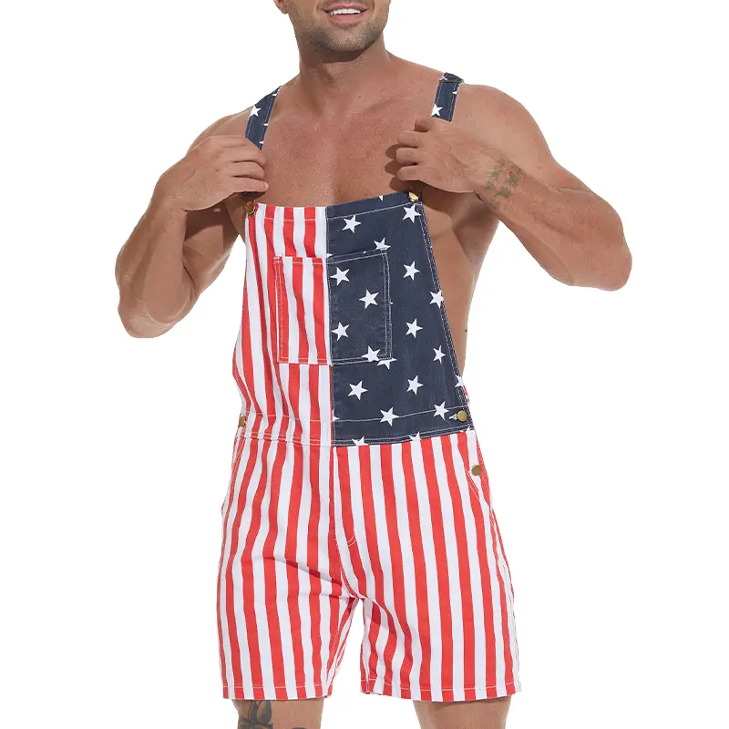 Bindefon American Flag Overalls Shorts 4th of July Jumpsuits Romper Work Bibs Coveralls Gifts for Men, Fashion Menswear