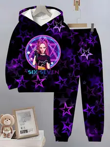 Autumn Winter Kids 3D Print Hooded Sweatshirt Set, K-Pop Witch Girl Group Trendy Fashion, Long Sleeve Fitted Casual Top