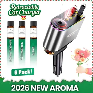 Smart Retractable Car Charger & Air Freshener - 66W Fast Charging with Dual Type-C/Lightning Adapter for All Phones, Starlight Projector Mood Light & Aromatherapy Diffuser,Includes 6 x 10ml Perfumes,Ideal Car Accessories & Father's Day Gift for Men summer