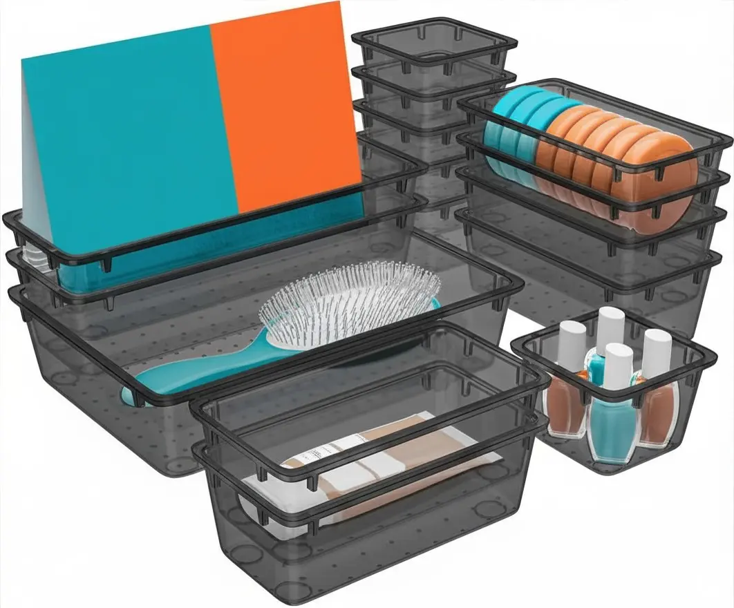 15 PCS Clear Plastic Drawer Organizer Set, 4-Size Acrylic Drawer Storage Trays, Storage Bins for Makeup, Gadgets, and Jewelry in Bathroom, Bedroom and Office, Clear Black