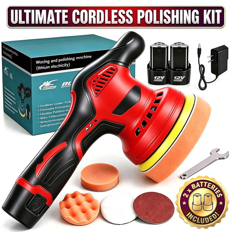 【T-M】Cordless Car Buffer Polisher Kit 6 Inch with 12V 2x1300mAh & 4 Attachments 8 Variable Speed 2800-5500RPM Orbital Polisher for Detailing Sanding Scratch Removing
