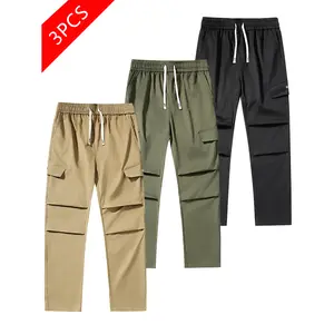 Men’s American Vintage Army Green Stylish Plain Baggy Cargo Trouser, Quick-Dry, Large Pockets, Loose Straight Cut, Long Length, Outdoors Combo Pack