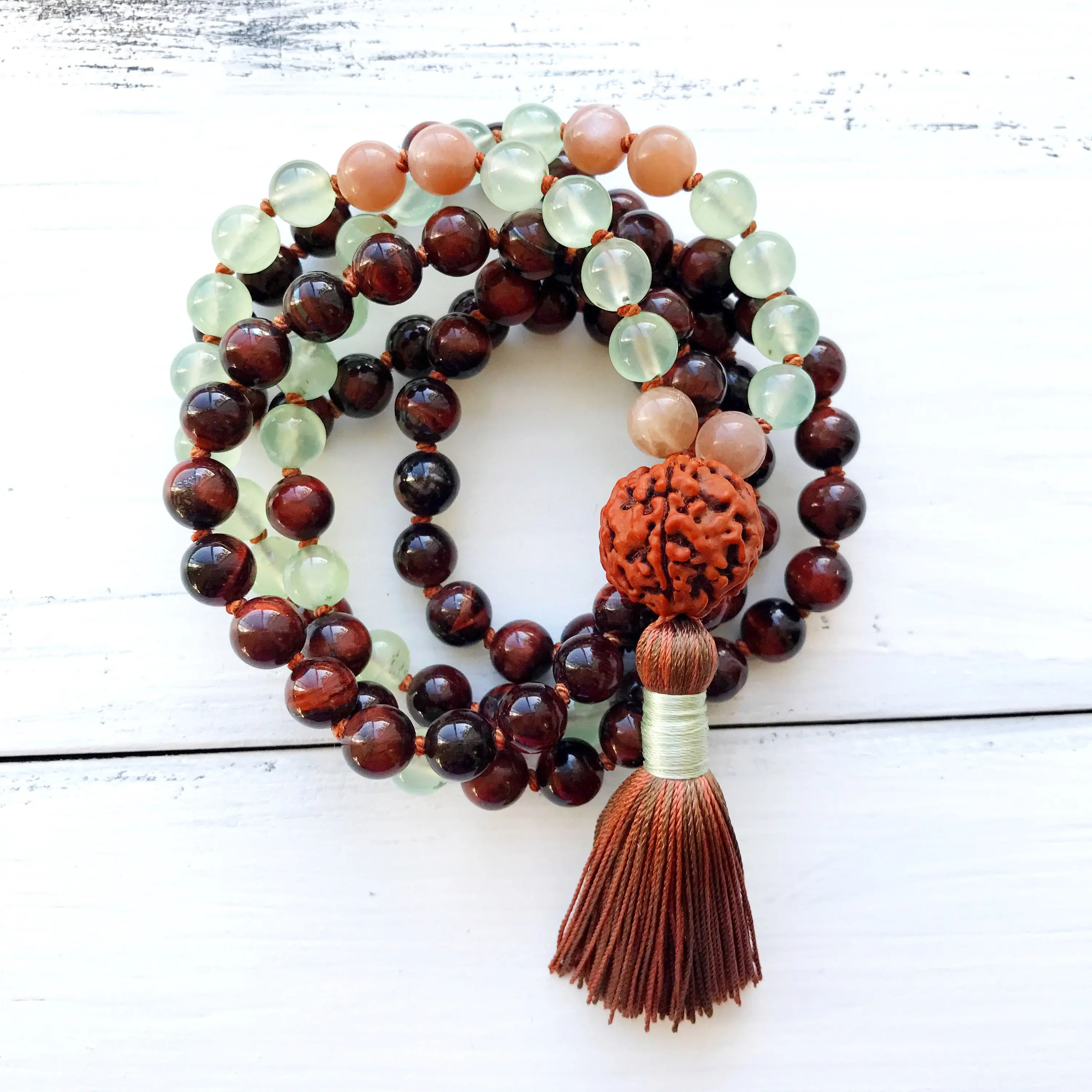 Life Force Energy Red Tiger’s Eye & Prehnite Mala Necklace