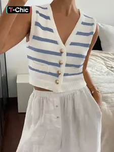 Women's Striped Print Button Front V Neck Fitted Crop Sweater Vest Piece, Casual Sleeveless Knit Top for Spring & Fall, Fashion Womenswear Knitwear for Daily Wear, Sleeveless Knitted Vest