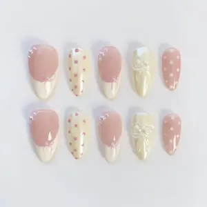 Trendy Pink Polka Dot Press on Nails, 3D Bow Pearl Kawaii Nail Set