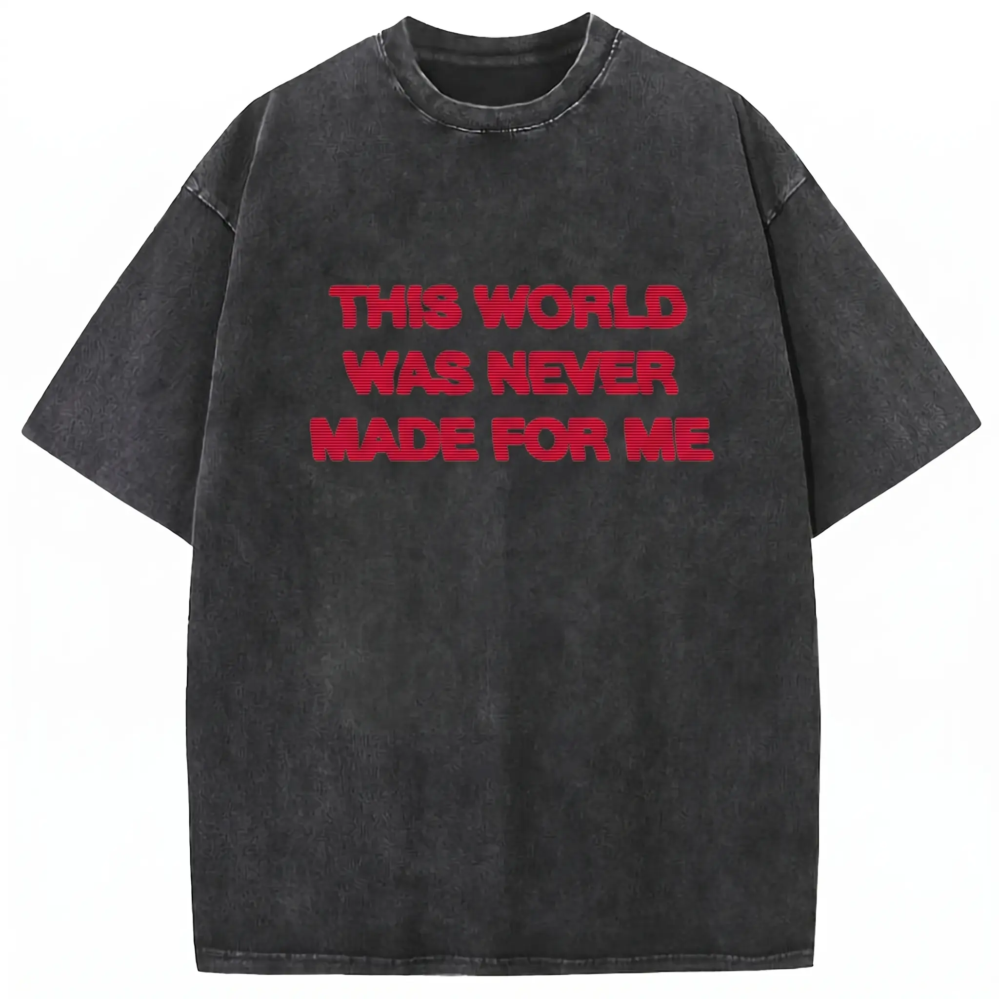 B-Men's Vintage Acid Wash T-Shirt | "THIS WORLD WAS NEVER MADE FOR ME" Red Graphic Tee | 100% Washed Cotton Oversized Streetwear | Retro Grunge Aesthetic