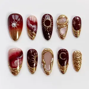 Golden Sun Nails/Gothic press on nails long almond nails/3D gold chrome nails/Burgundy Marble Nails/Star Moon Nails/Custom nails Birthday