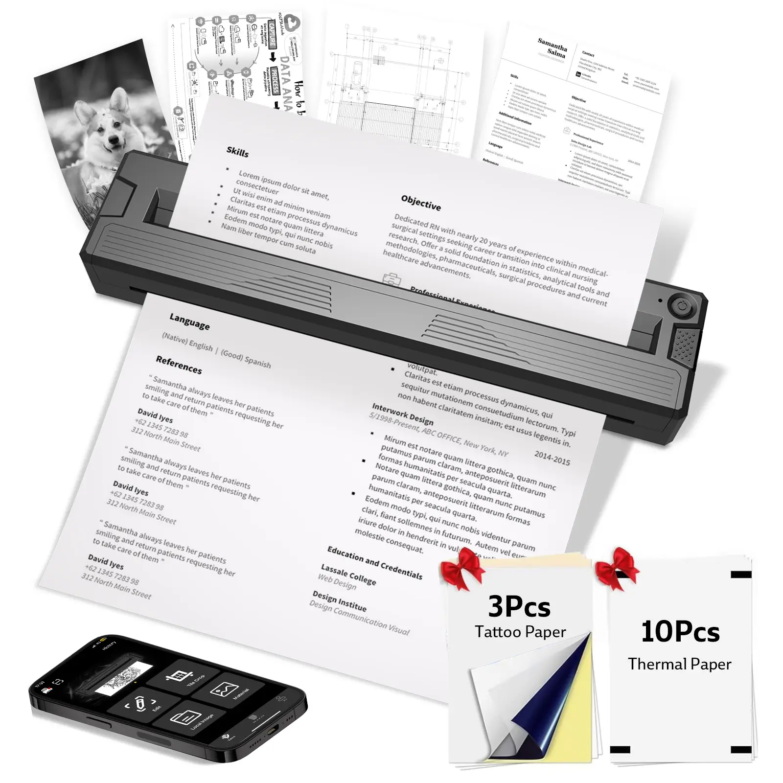 Portable Printers Wireless for Travel, Thermal Inkless Printer Support 8.5" X 11" US Letter&Legal,Portable Tattoo Printer for Beginners & Pros, Works with iPhone/Android/iPad（with 3Pcs Tattoo Transfer Paper and 8 Folded Thermal Paper））