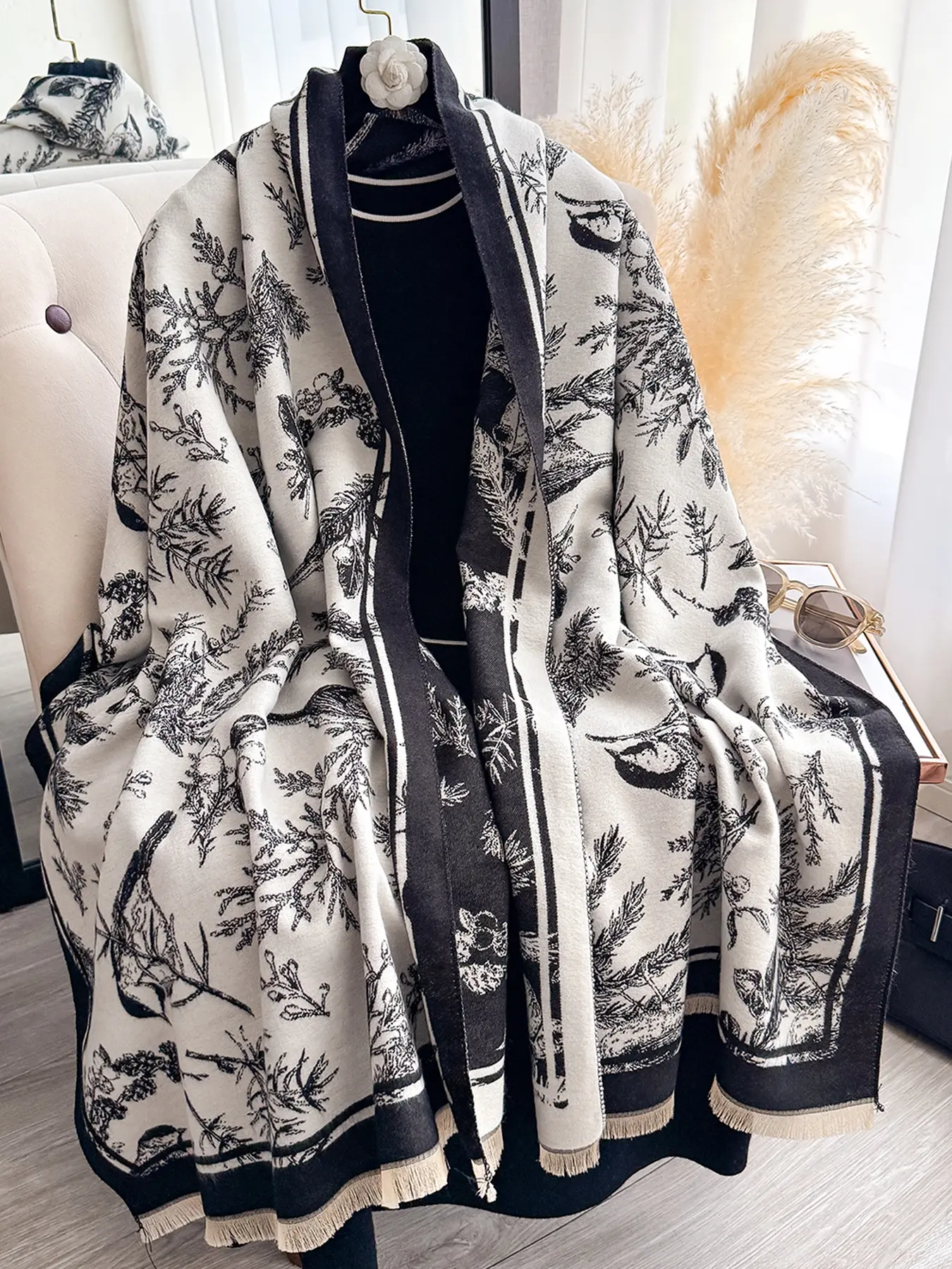 Women's Elegant Animal Print Bird Pattern Scarf, Fashionable Multifunctional Shawl/baby Blanket for Fall/winter Decoration