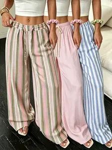 3 pack Women's  Bohemian Fashion Set: Pink Ombré Striped Straight-Leg Wide-Leg Pants—Comfortable, Casual Attire Perfect for Vacations, Daily Wear, and Summer Beach Outings.
