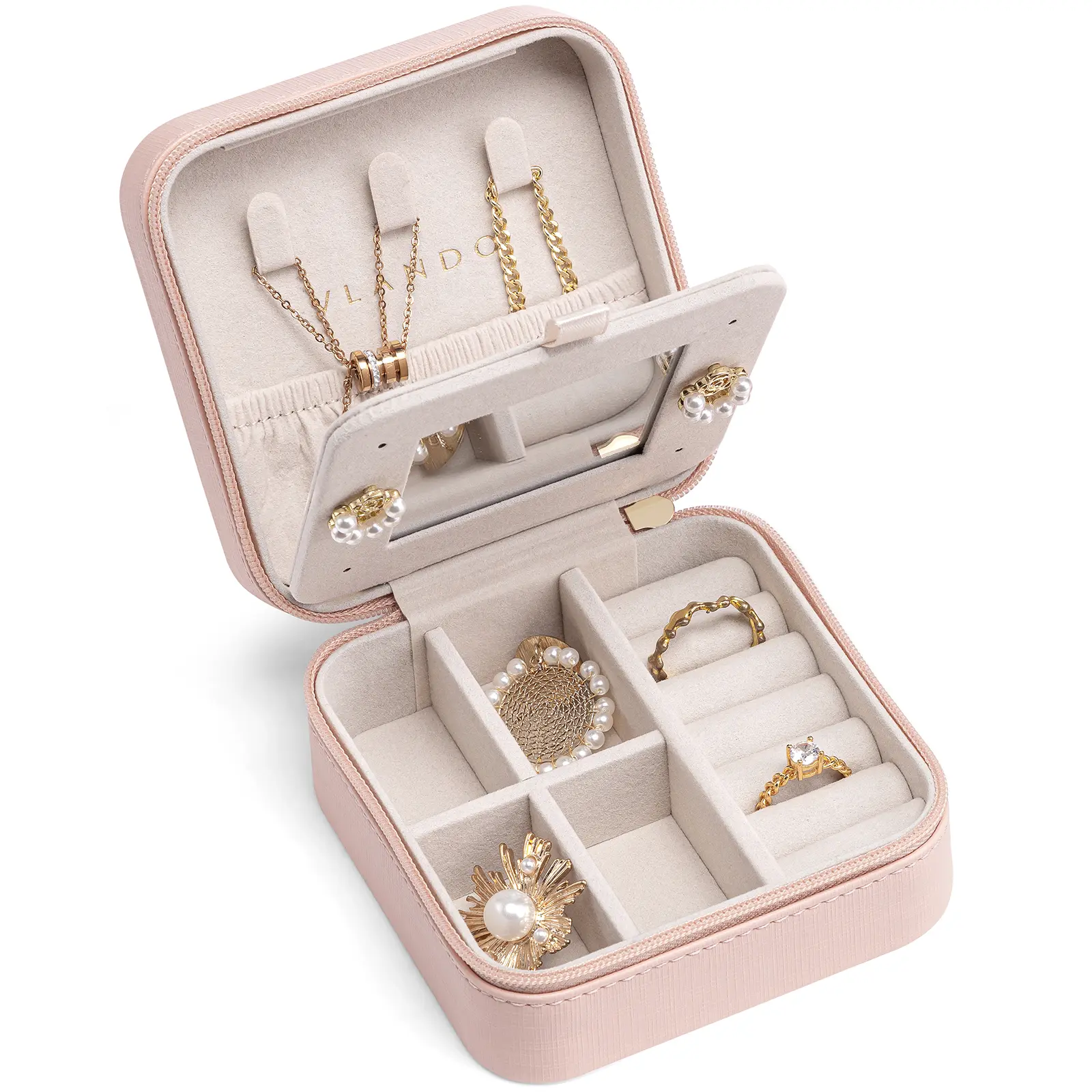 VLANDO Women's Classic Compact Square Jewelry Organizer Set - Dresser Organization & Bathroom Home Organizer Storage Box with Compartments, Mirror, Zipper, Wardrobe-Friendly, Travel-Ready Jewelry Control for International Travel, Bridesmaid Gifting, Squar