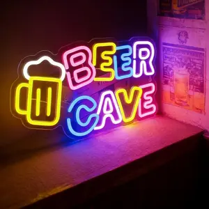 BEER CAVE Beer Neon Lights with Beer Mug Pattern, Colorful LED Bar Ambient Lights, USB Dimmable Signage for Men's Cave, Bar, Tavern, Garage, Game Room, Beer Lovers Gifts, Wall Decoration, Suitable for Valentine's Day, Father's Day, Men's Gifts