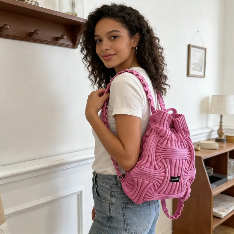 Cute Knit Drawstring Bag, Modern Aesthetic Backpack, Compact and Lightweight Rucksack for Everyday Use