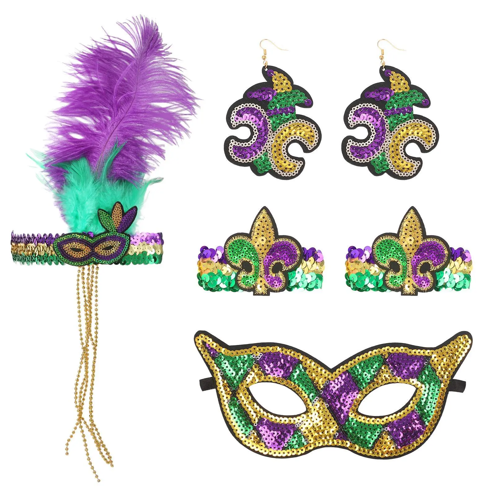 OIDEA 6Pcs Sequin Plastic Carnival Feather Set - Adults' Comfortable, Lightweight Head-to-Wrist Party Wear Headpiece, Hat, Mask, Earrings, Bracelet for Mardi Gras, Halloween Costume Accessories