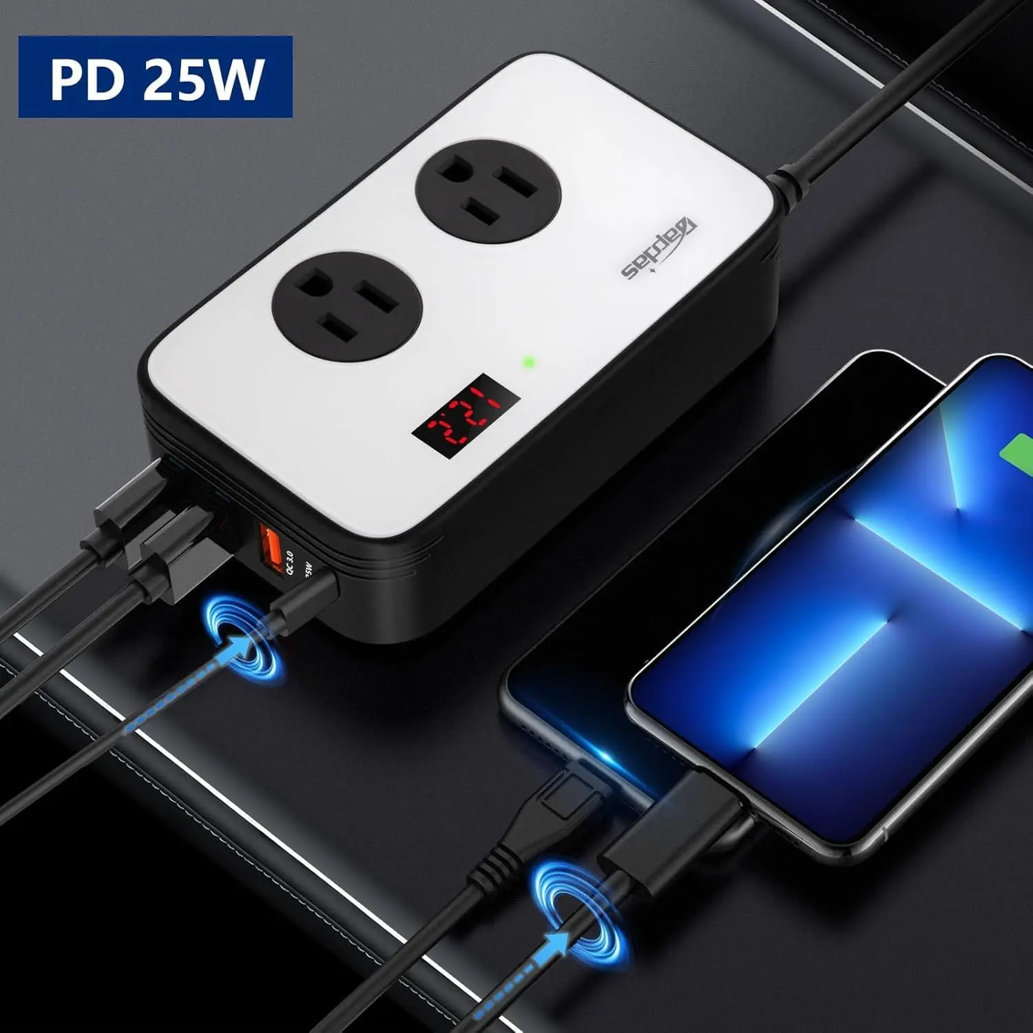 300W Car  Inverter DC 12V to AC 110V Car Outlet Adapter Plug with PD 25W USB-C, QC3.0 and LCD Display Car Charger Loptop