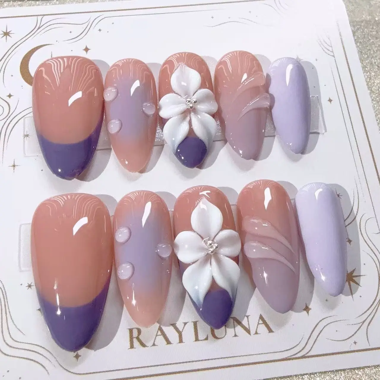 Rayluna #J1080 Handmade 3D Flower Press-On Nails Purple Nude Ombre Design with Elegant Floral Accents