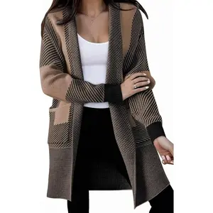 Women's 2025 Open Front Long Sleeve Cardigan Casual Knit Sweater with Pockets Color Block Fall Outfits for Work & Casual Wear Oversized Cozy Cardigan Sweater Tops