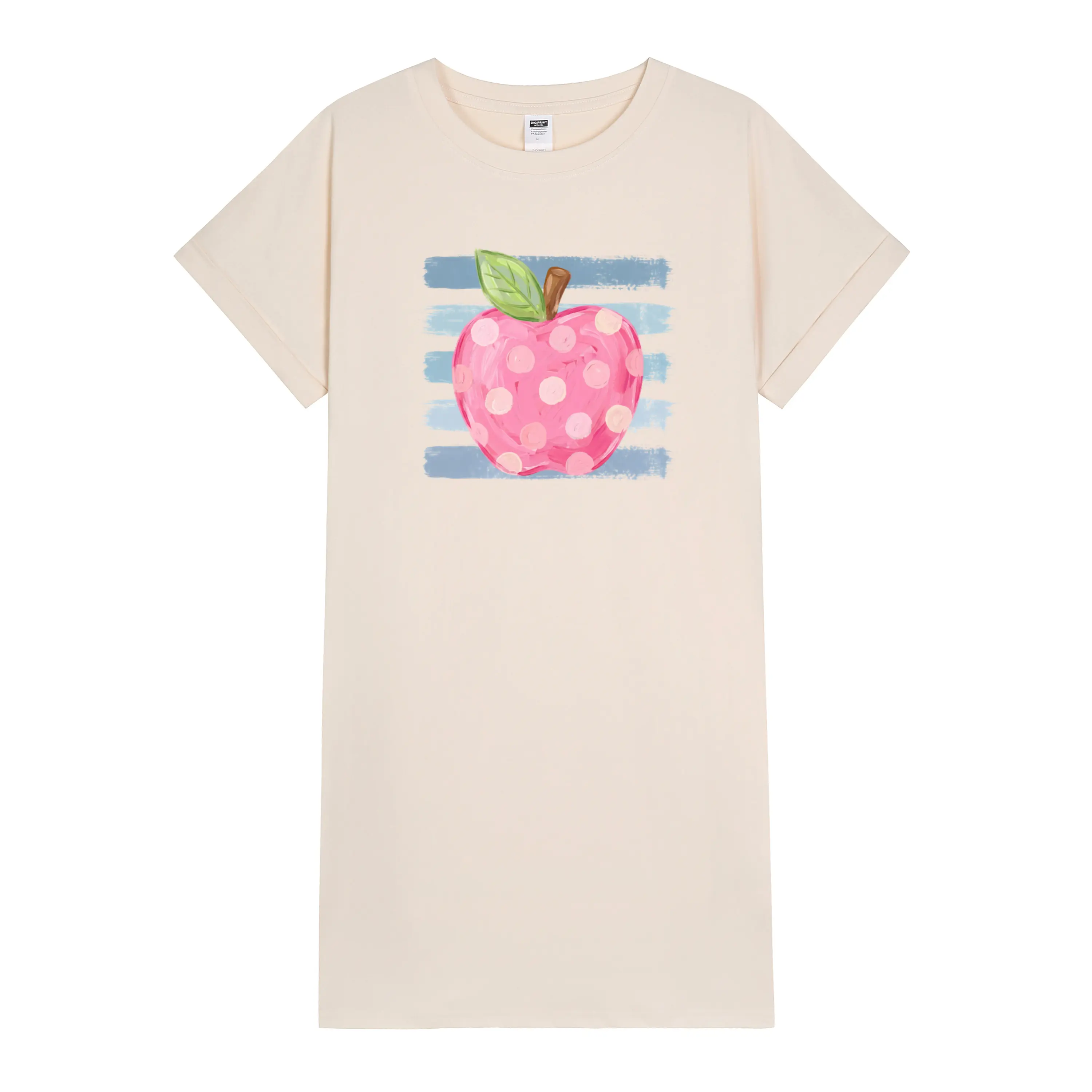 Hand-Painted Polka Dot & Apple Print T-Shirt Dress with Brush Stroke Stripes – Casual Crew Neck for Teachers and Everyday School Wear