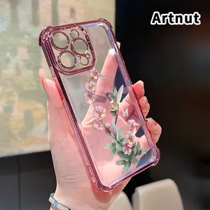 Hummingbird in Bloom Pattern Four Corner Anti-Fall Phone Case Transparent Electroplated Protective Cover for iPhone 16 Pro Max 15 Plus 14 13 12 11 E
