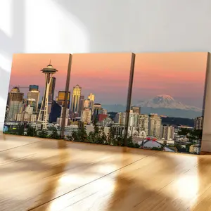 3-Pack Wood Frame Canvas Posters, City Skyline Sunset Decor, Modern Home Art, Living Room Wall Art, Bedroom, Office, Entryway Decoration