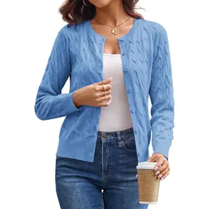 Womens Long Sleeve Button Up Cable Knit Cardigan Lightweight Crewneck Button Down Sweaters for Women