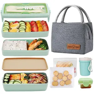 Bento Box Upgrade  Lunch Box Kit,3 Layer Stackable Leakproof Lunch Box Containers with Accessories,Wheat Straw Bento Lunch Box for  and Adults