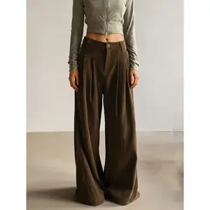 Women’s dark brown vertical high-waisted wide-leg trousers, casual chic trousers, drapey pleated commuter retro-style trousers, suitable for autumn and winter, work commutes, everyday shopping, and light social gatherings