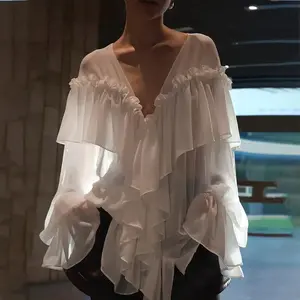 Y2k Elegant White Chiffon Shirts Women  Sexy Ruffles V Neck Sheer Black Blouses Summer Ladies Korean Flare Long Sleeve Tops