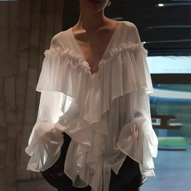 Y2k Elegant White Chiffon Shirts Women  Sexy Ruffles V Neck Sheer Black Blouses Summer Ladies Korean Flare Long Sleeve Tops